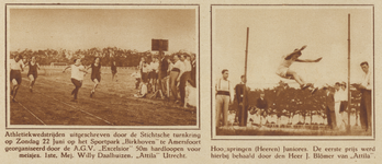 873114 Collage van 2 foto's betreffende de atletiekwedstrijden georganiseerd door de Stichtsche Turnkring op het ...
